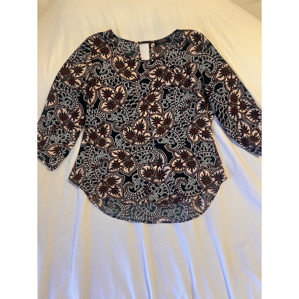 Renee C Women Paisley Floral Blouse Black Cream Red 3/4 Sleeve Keyhole Back Top